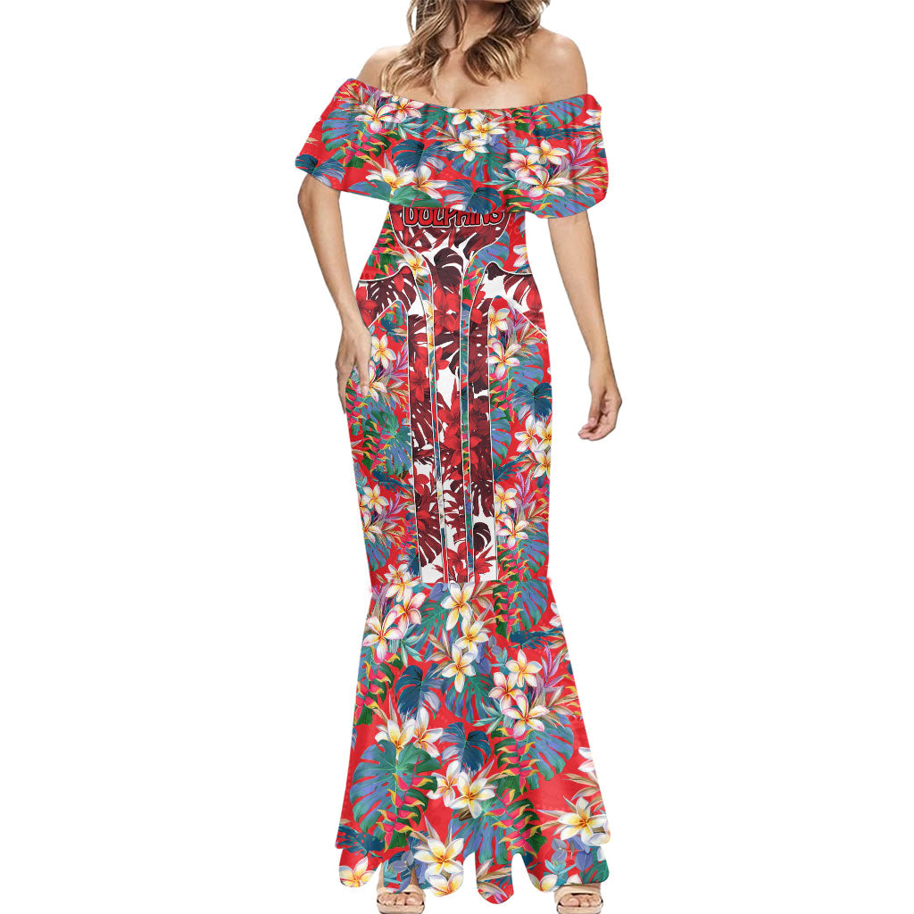 Dolphins Mermaid Dress Tropical Hibiscus Floral Pattern With Red And White Accents