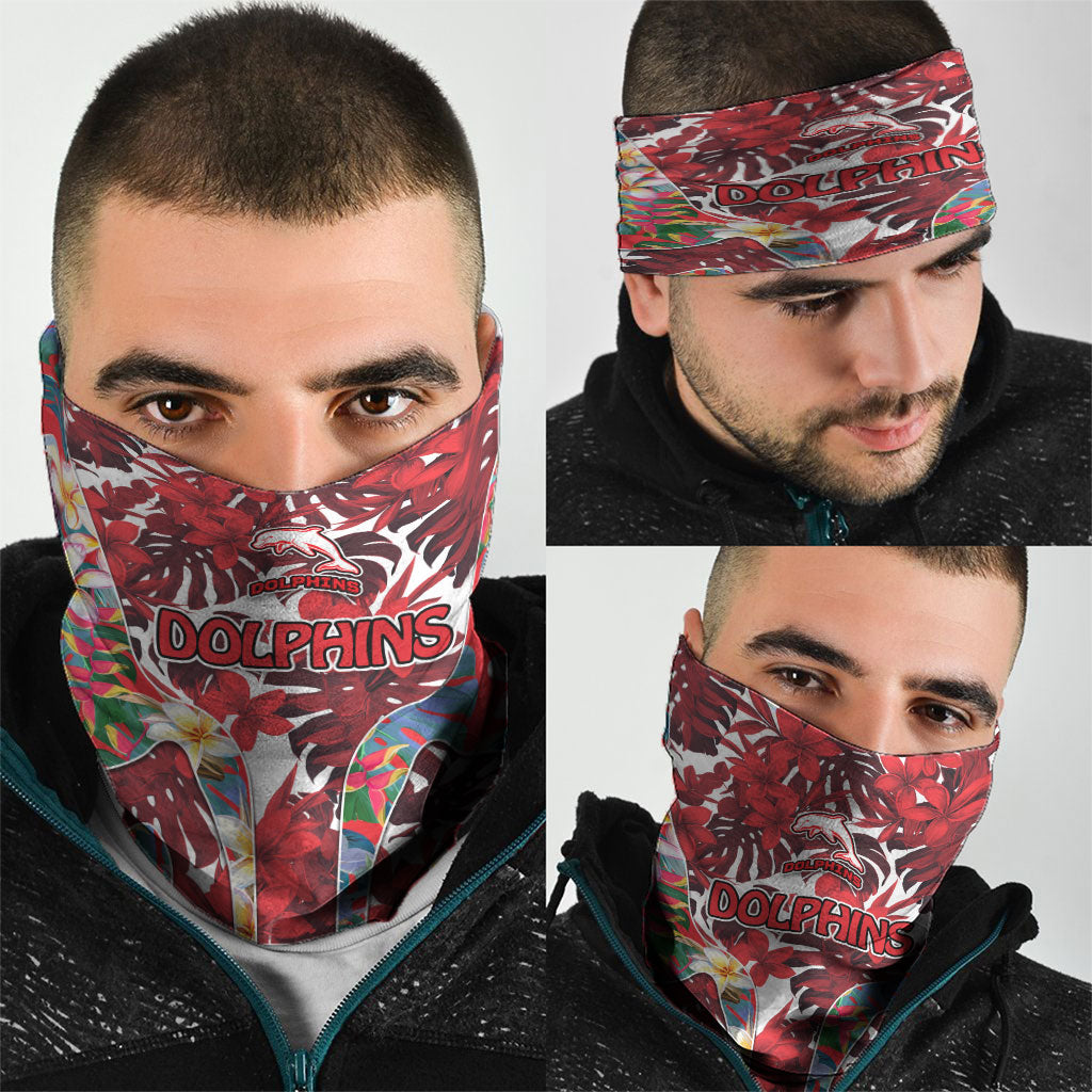 Dolphins Neck Gaiter Tropical Hibiscus Floral Pattern With Red And White Accents