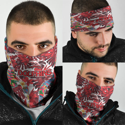 Dolphins Neck Gaiter Tropical Hibiscus Floral Pattern With Red And White Accents