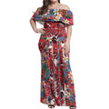 Dolphins Off Shoulder Maxi Dress Tropical Hibiscus Floral Pattern With Red And White Accents