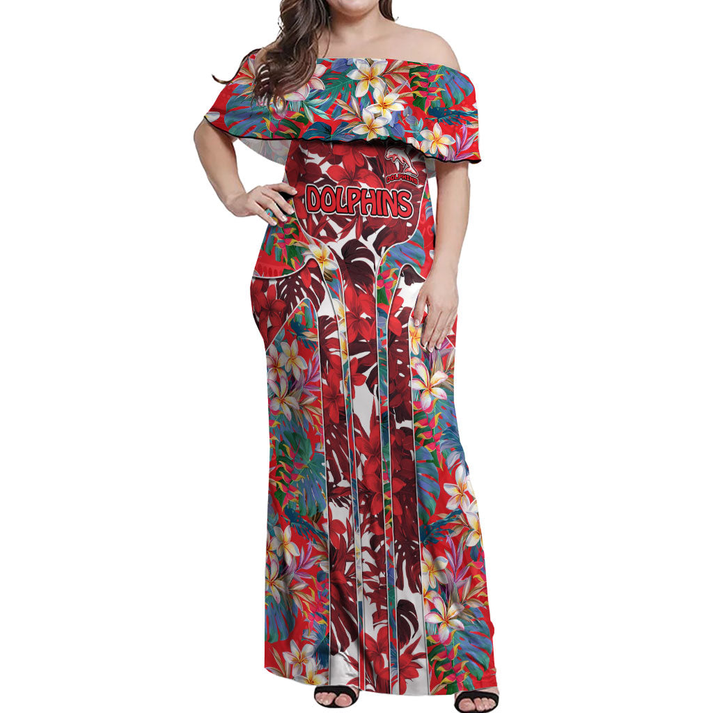 Dolphins Off Shoulder Maxi Dress Tropical Hibiscus Floral Pattern With Red And White Accents