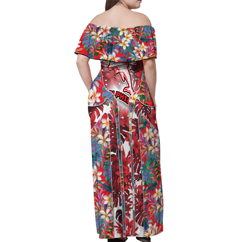 Dolphins Off Shoulder Maxi Dress Tropical Hibiscus Floral Pattern With Red And White Accents
