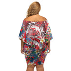Dolphins Off Shoulder Short Dress Tropical Hibiscus Floral Pattern With Red And White Accents