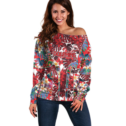 Dolphins Off Shoulder Sweater Tropical Hibiscus Floral Pattern With Red And White Accents