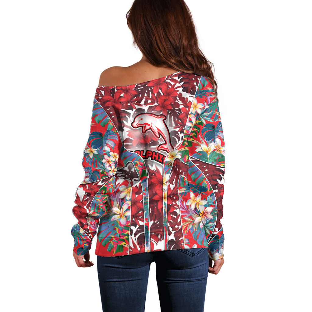 Dolphins Off Shoulder Sweater Tropical Hibiscus Floral Pattern With Red And White Accents