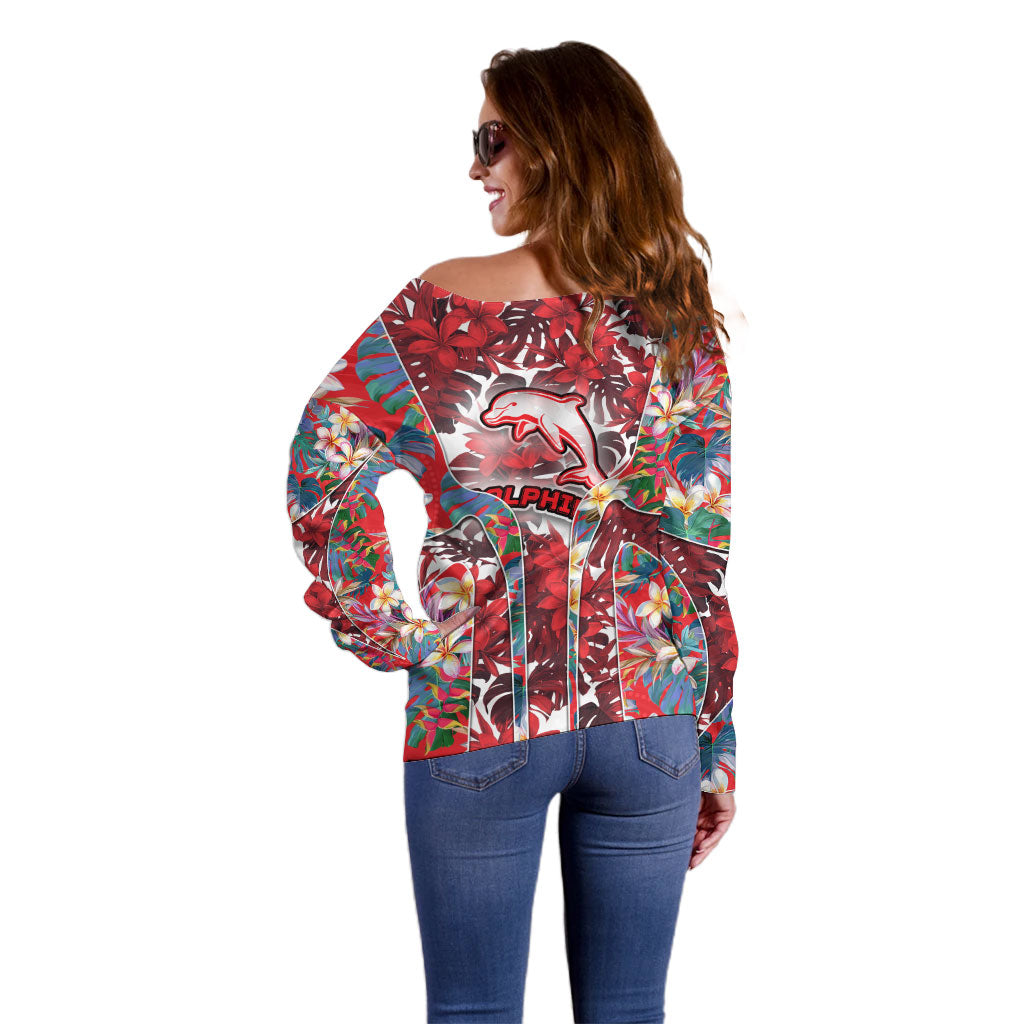 Dolphins Off Shoulder Sweater Tropical Hibiscus Floral Pattern With Red And White Accents