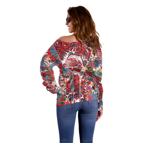 Dolphins Off Shoulder Sweater Tropical Hibiscus Floral Pattern With Red And White Accents