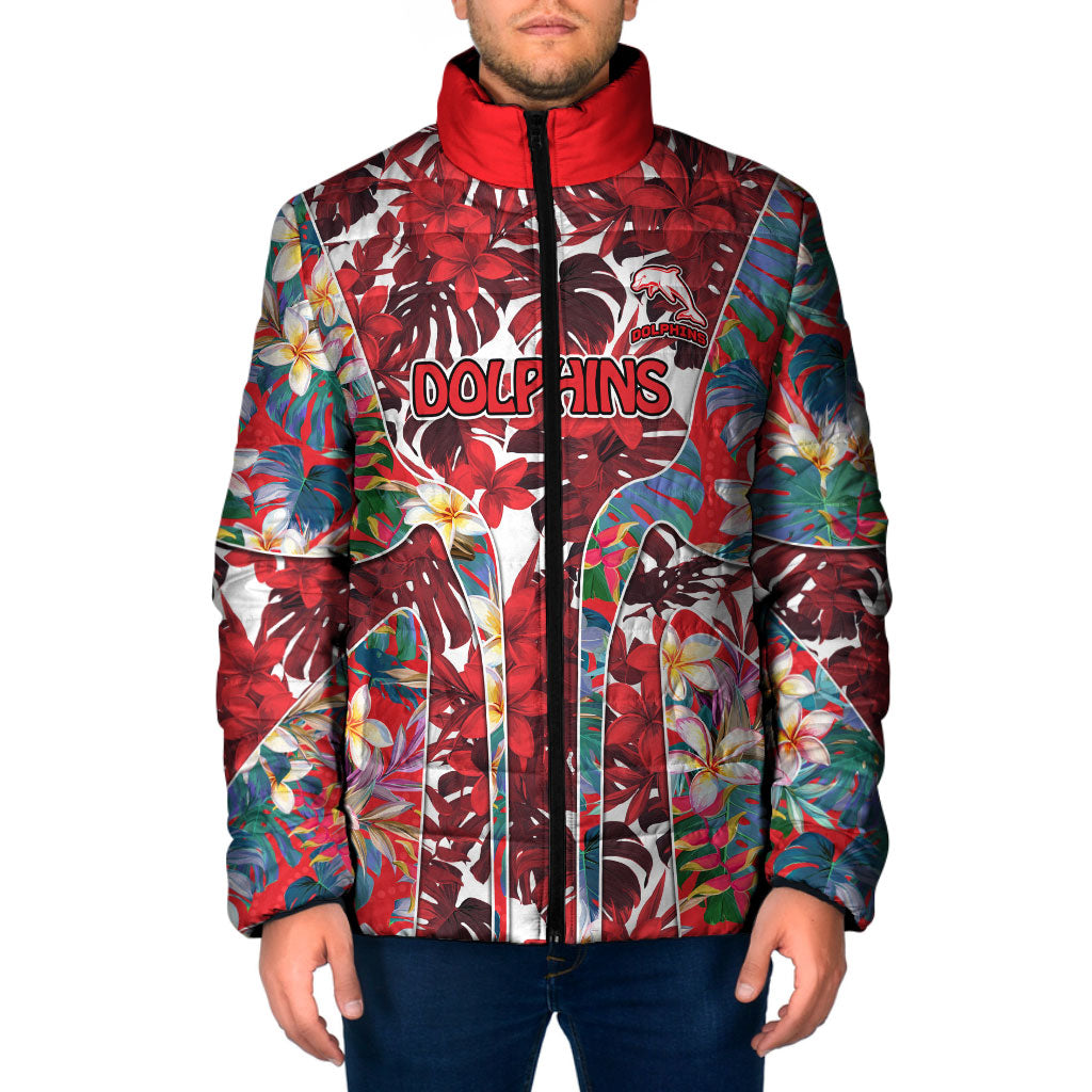 Dolphins Padded Jacket Tropical Hibiscus Floral Pattern With Red And White Accents