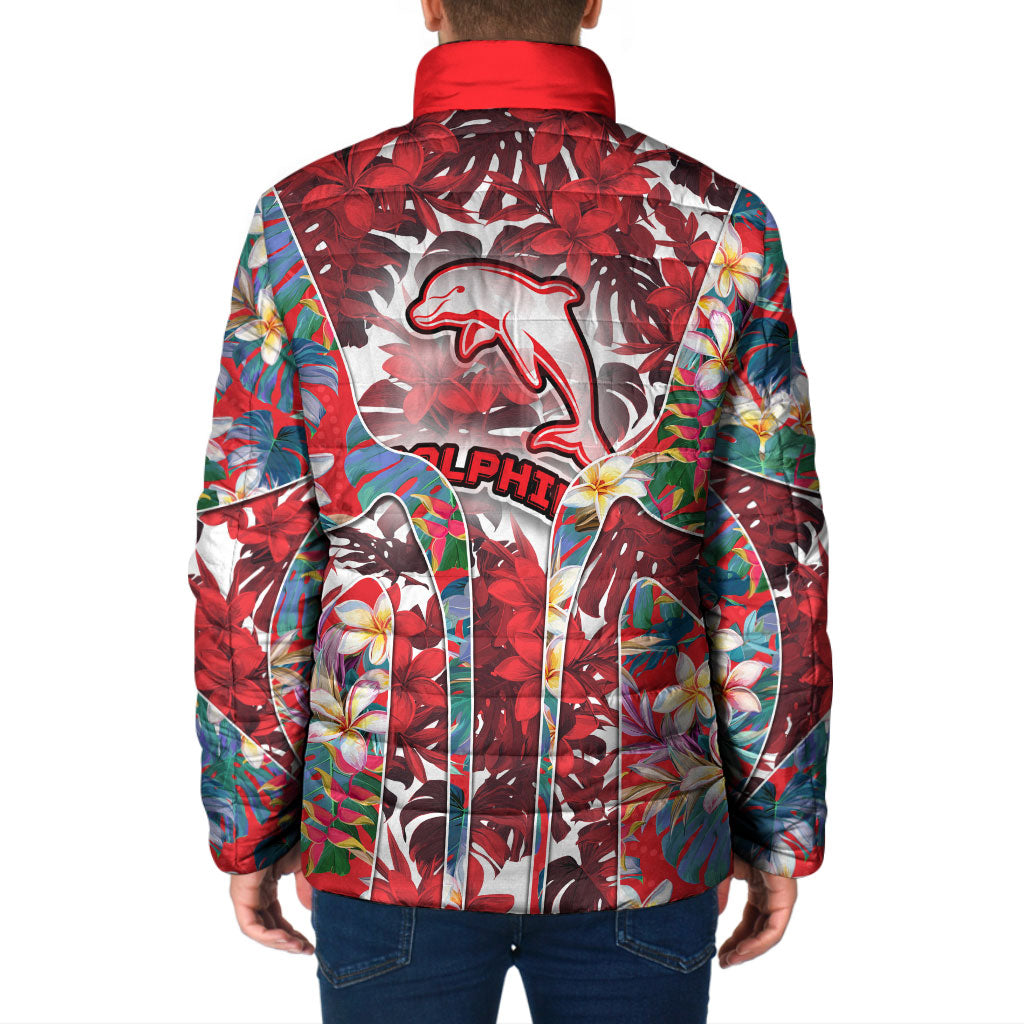 Dolphins Padded Jacket Tropical Hibiscus Floral Pattern With Red And White Accents