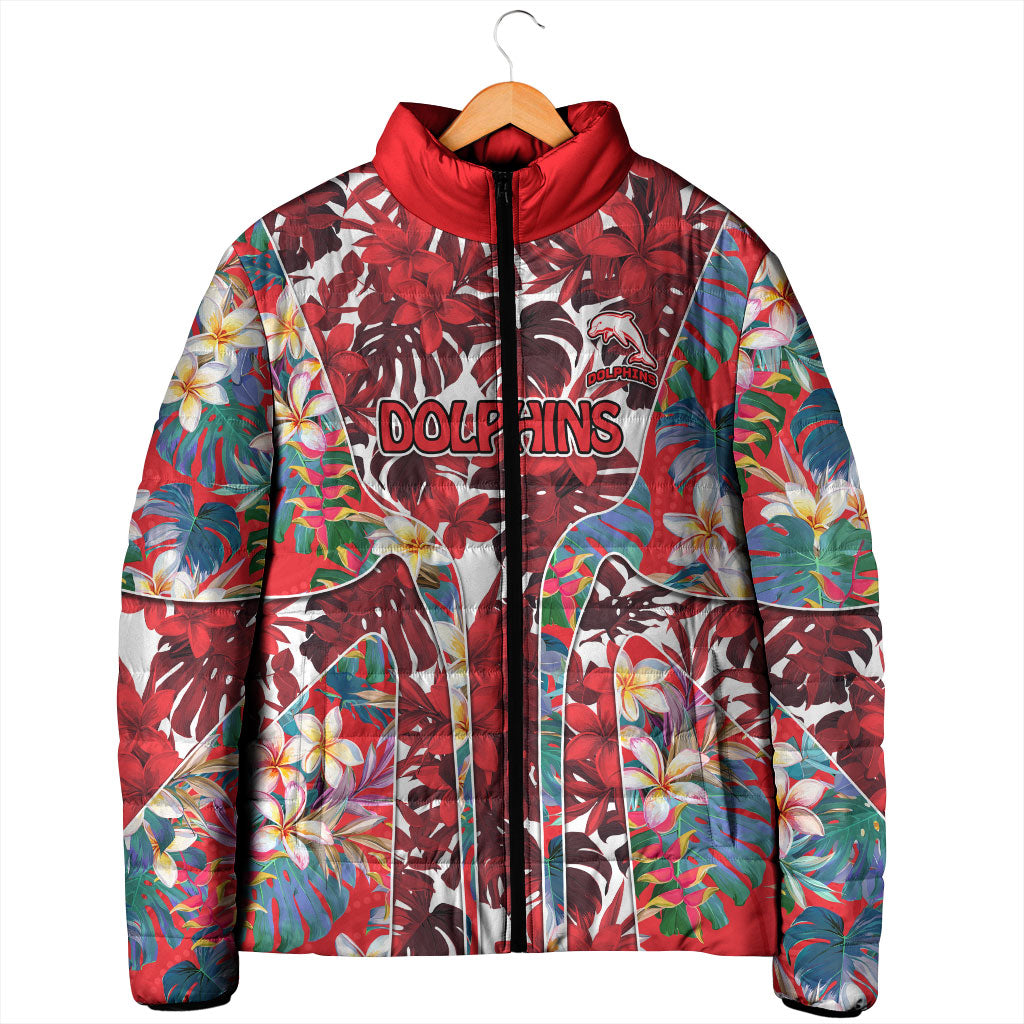 Dolphins Padded Jacket Tropical Hibiscus Floral Pattern With Red And White Accents