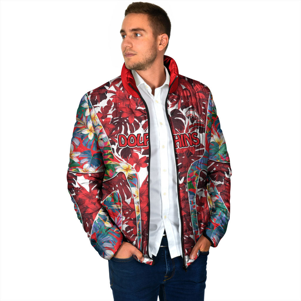 Dolphins Padded Jacket Tropical Hibiscus Floral Pattern With Red And White Accents