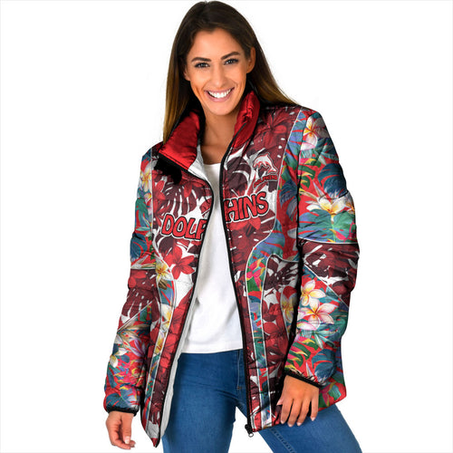 Dolphins Padded Jacket Tropical Hibiscus Floral Pattern With Red And White Accents