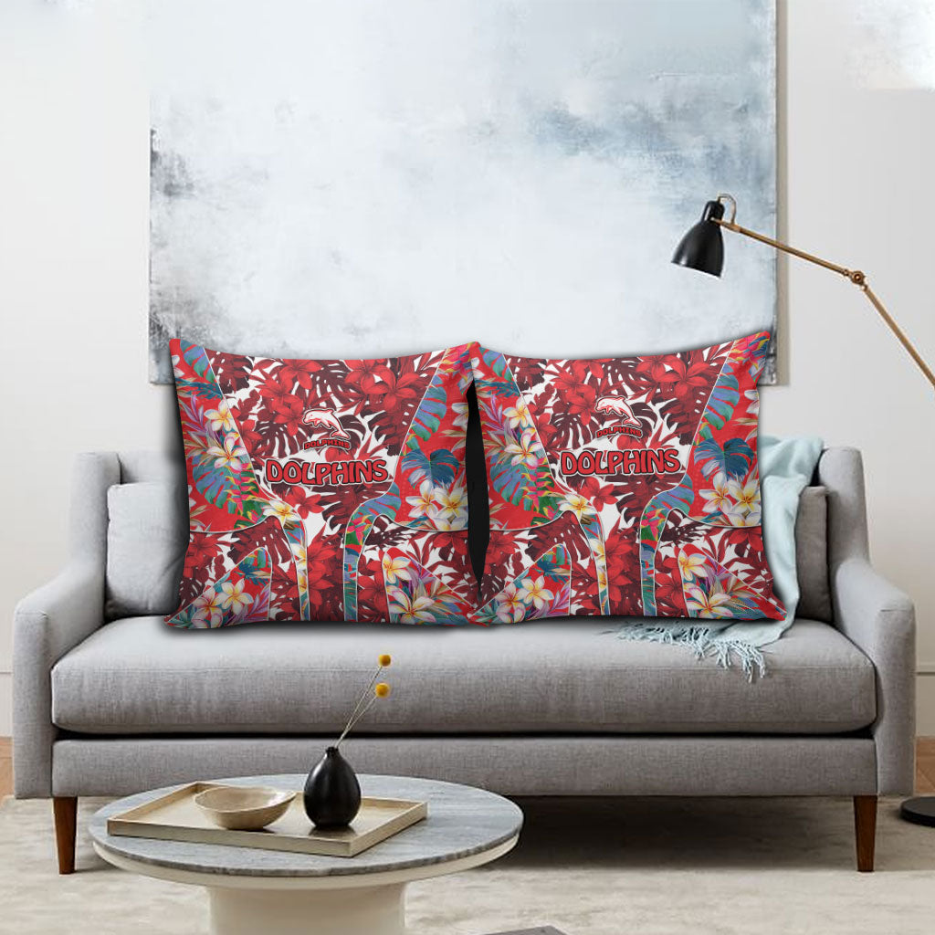 Dolphins Pillow Cover Tropical Hibiscus Floral Pattern With Red And White Accents