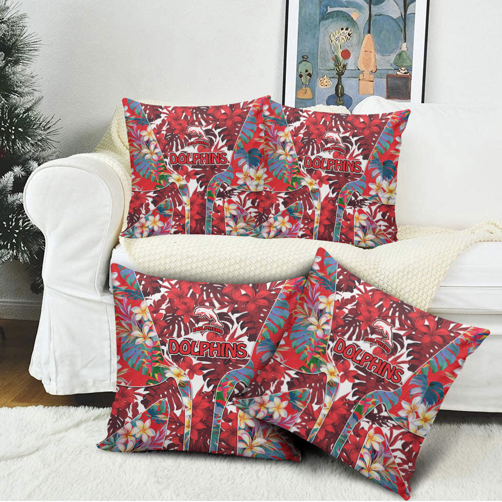 Dolphins Pillow Cover Tropical Hibiscus Floral Pattern With Red And White Accents
