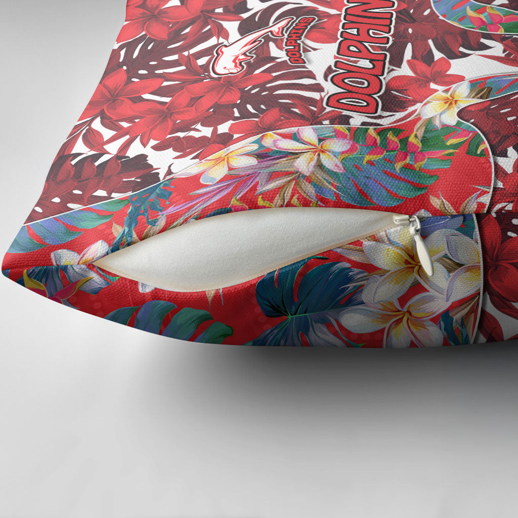 Dolphins Pillow Cover Tropical Hibiscus Floral Pattern With Red And White Accents