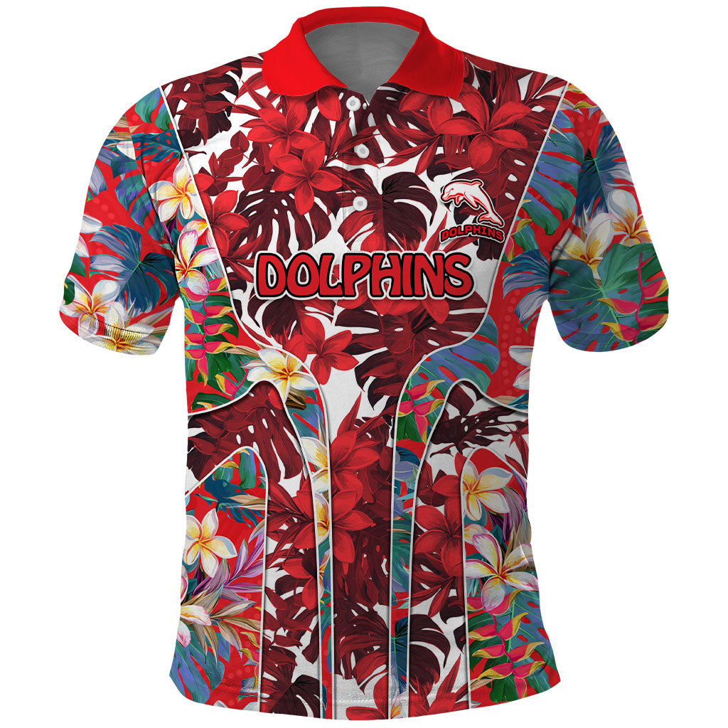 Dolphins Polo Shirt Tropical Hibiscus Floral Pattern With Red And White Accents
