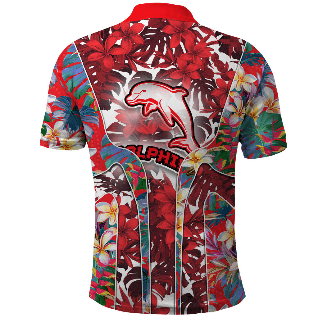 Dolphins Polo Shirt Tropical Hibiscus Floral Pattern With Red And White Accents