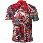 Dolphins Polo Shirt Tropical Hibiscus Floral Pattern With Red And White Accents