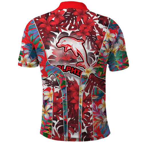 Dolphins Polo Shirt Tropical Hibiscus Floral Pattern With Red And White Accents