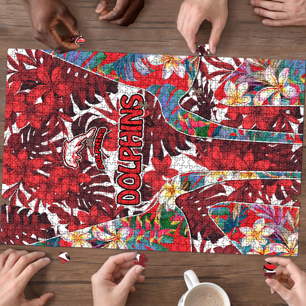 Dolphins Puzzle Tropical Hibiscus Floral Pattern With Red And White Accents