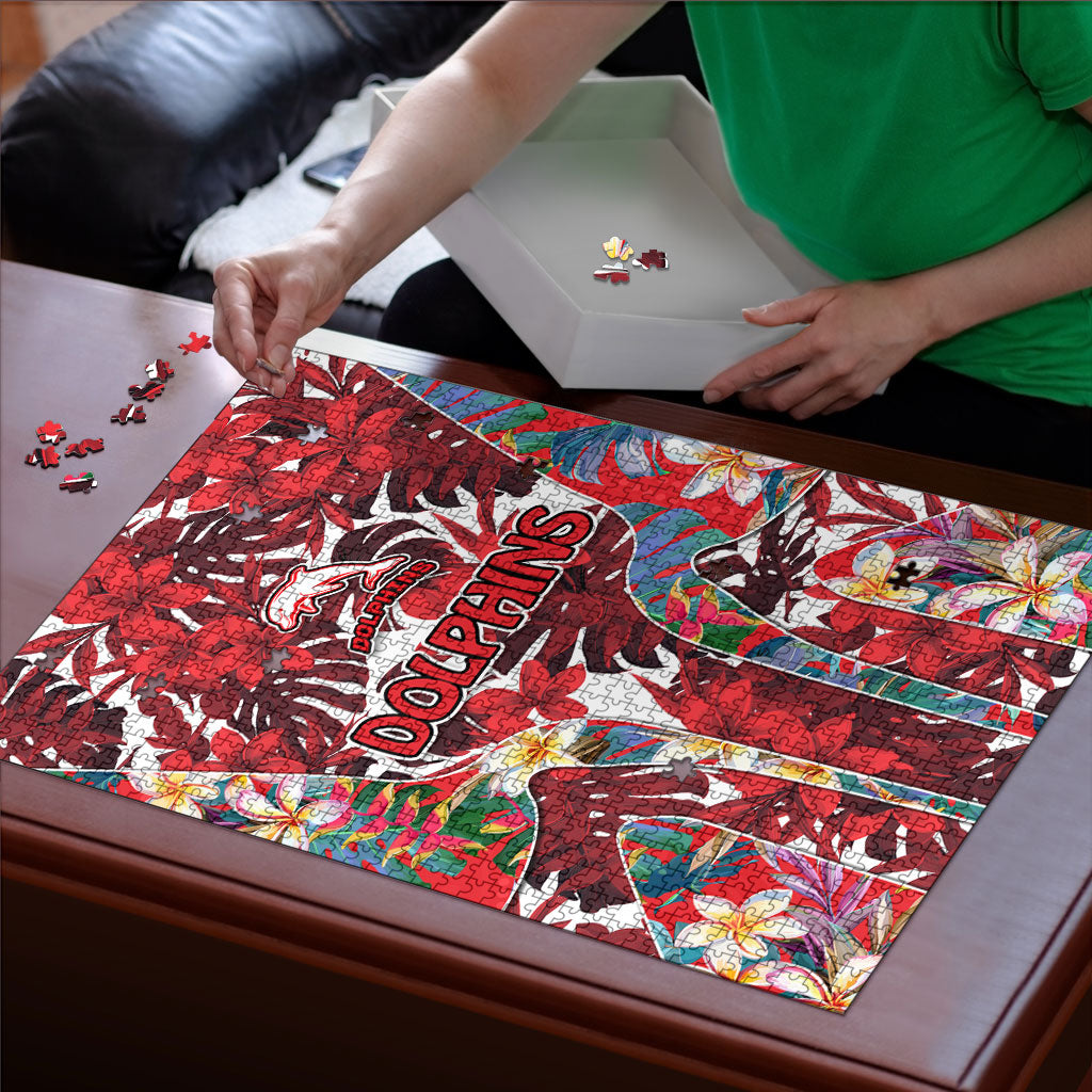 Dolphins Puzzle Tropical Hibiscus Floral Pattern With Red And White Accents