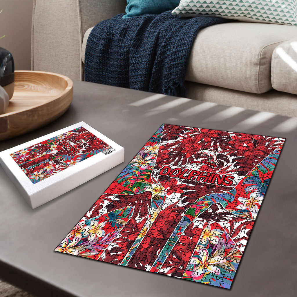 Dolphins Puzzle Tropical Hibiscus Floral Pattern With Red And White Accents