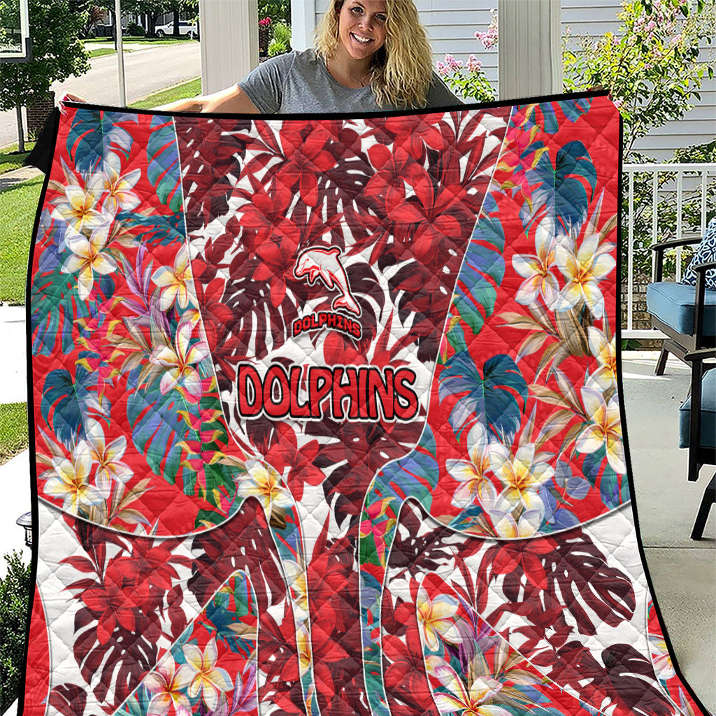 Dolphins Quilt Tropical Hibiscus Floral Pattern With Red And White Accents