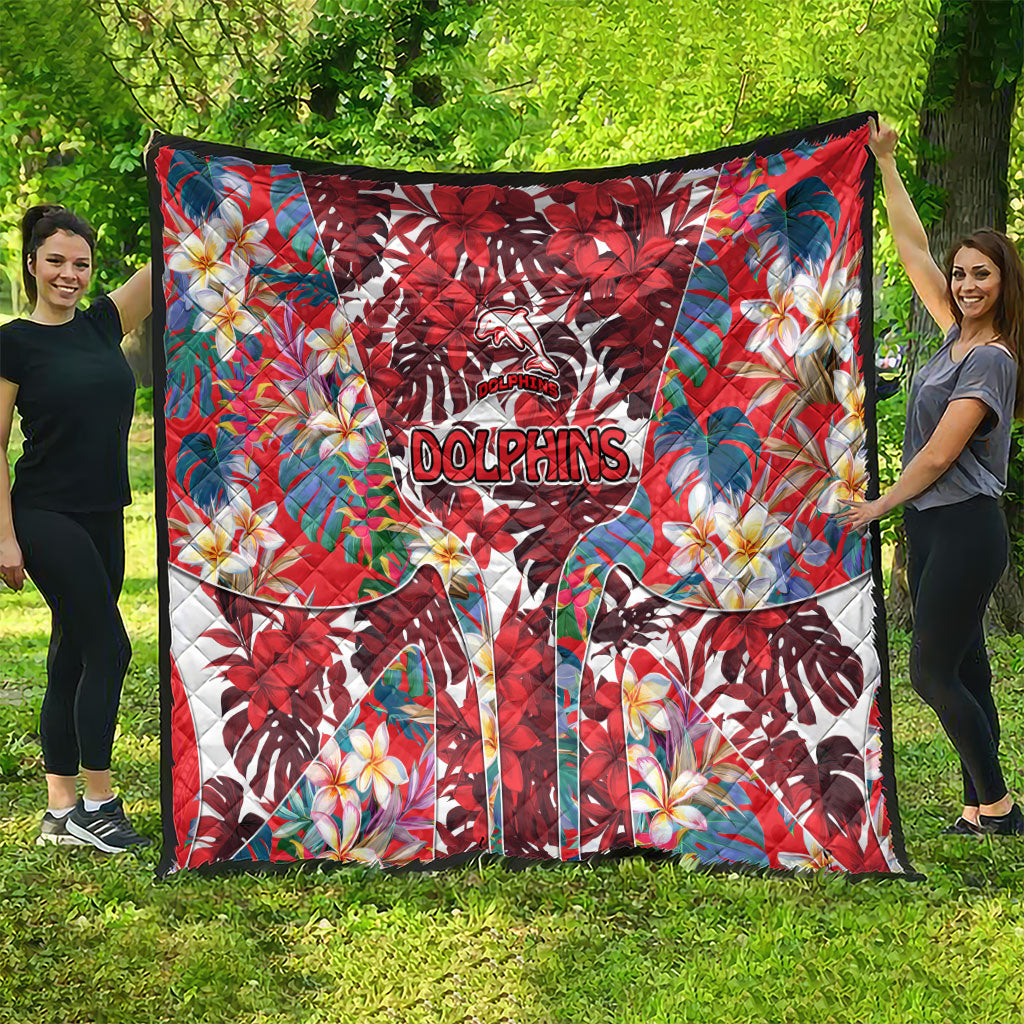 Dolphins Quilt Tropical Hibiscus Floral Pattern With Red And White Accents