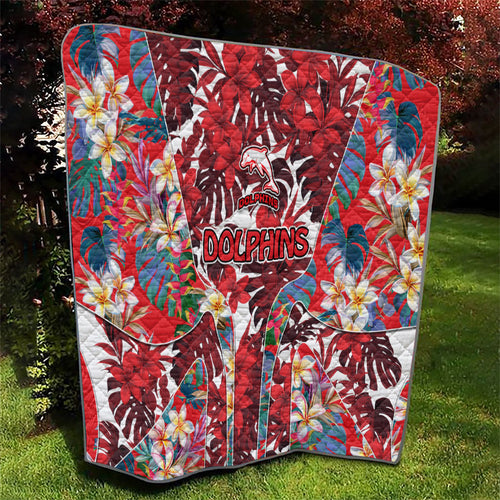 Dolphins Quilt Tropical Hibiscus Floral Pattern With Red And White Accents