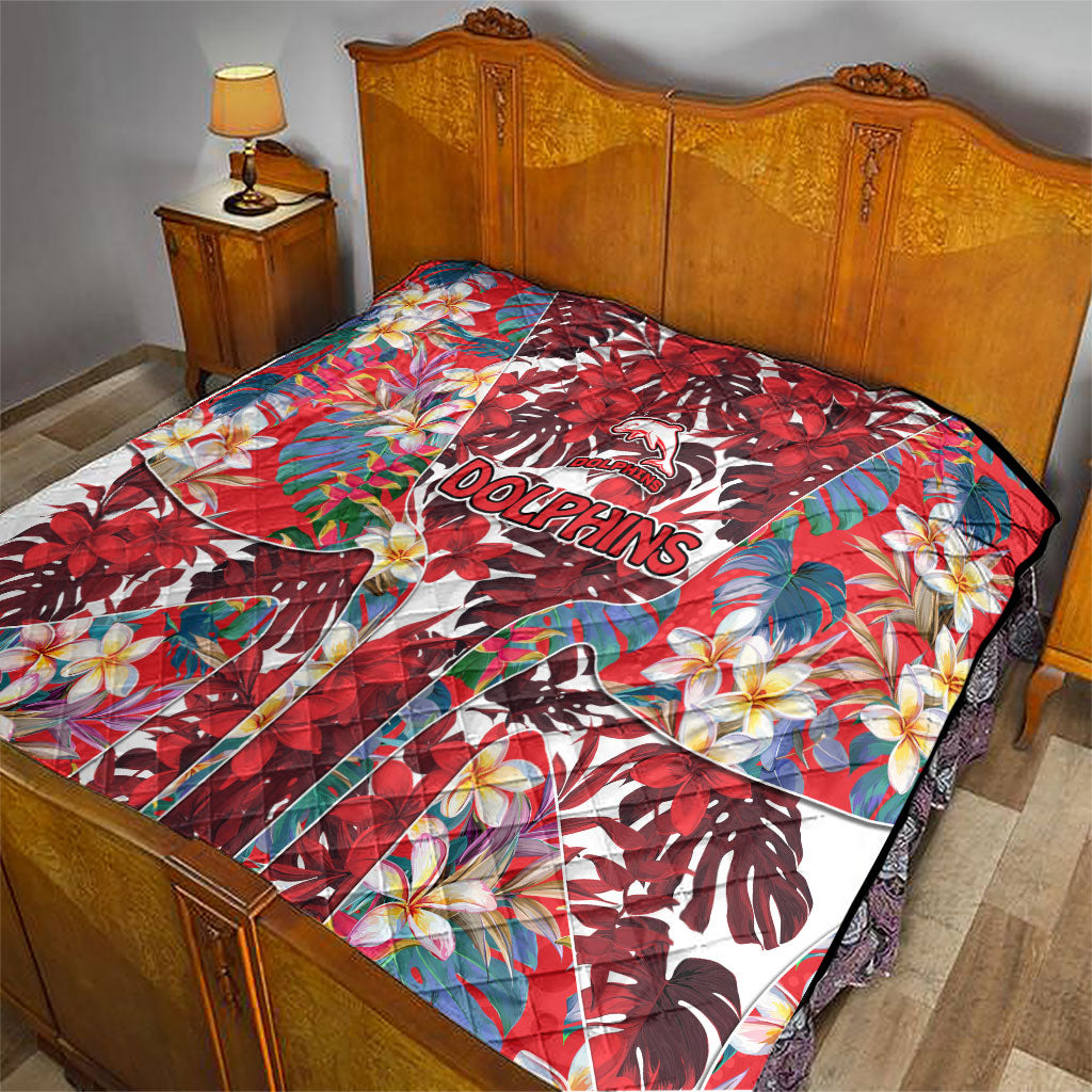 Dolphins Quilt Tropical Hibiscus Floral Pattern With Red And White Accents