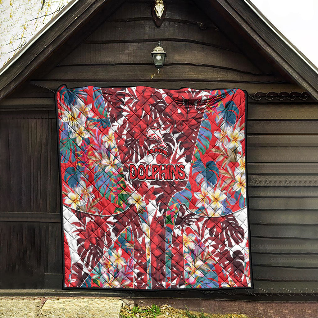 Dolphins Quilt Tropical Hibiscus Floral Pattern With Red And White Accents