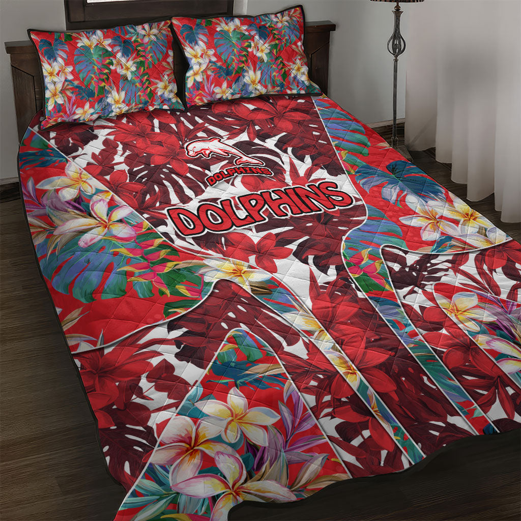 Dolphins Quilt Bed Set Tropical Hibiscus Floral Pattern With Red And White Accents
