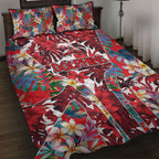 Dolphins Quilt Bed Set Tropical Hibiscus Floral Pattern With Red And White Accents