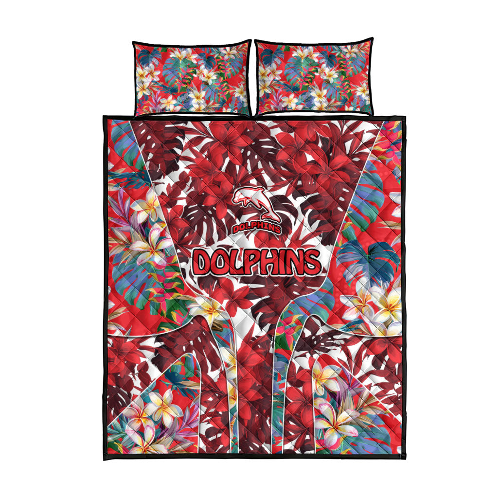 Dolphins Quilt Bed Set Tropical Hibiscus Floral Pattern With Red And White Accents