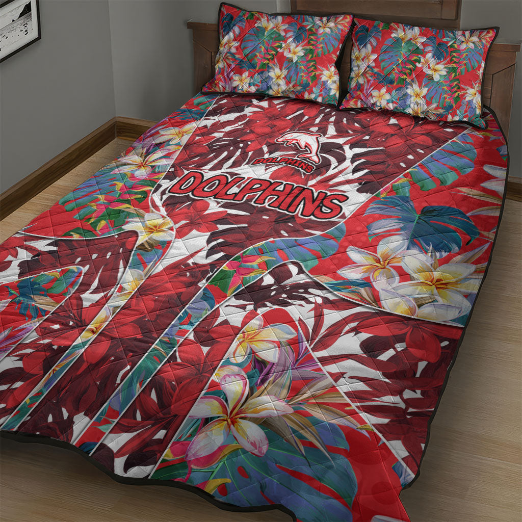 Dolphins Quilt Bed Set Tropical Hibiscus Floral Pattern With Red And White Accents