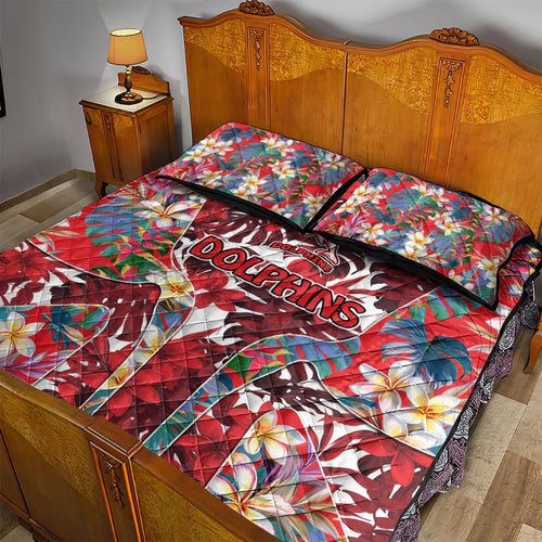 Dolphins Quilt Bed Set Tropical Hibiscus Floral Pattern With Red And White Accents
