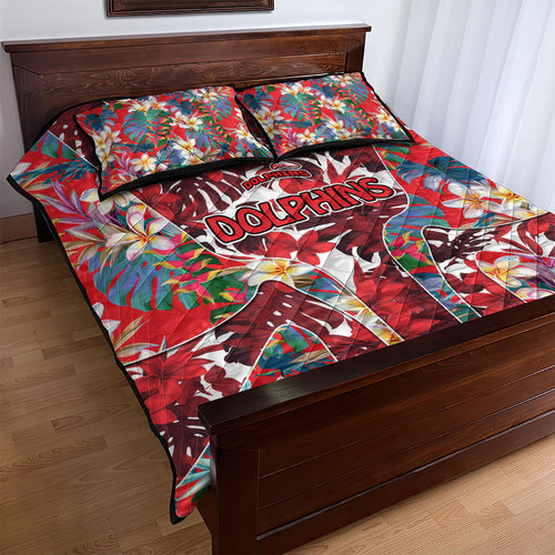 Dolphins Quilt Bed Set Tropical Hibiscus Floral Pattern With Red And White Accents