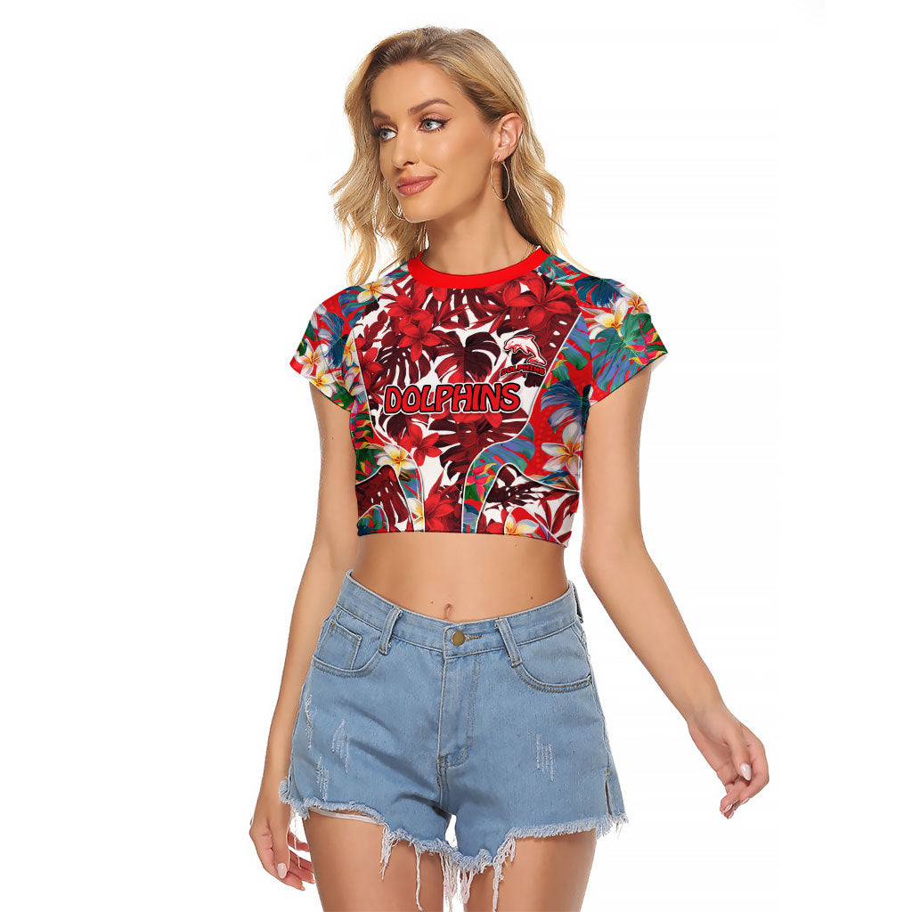 Dolphins Raglan Cropped T Shirt Tropical Hibiscus Floral Pattern With Red And White Accents