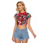 Dolphins Raglan Cropped T Shirt Tropical Hibiscus Floral Pattern With Red And White Accents