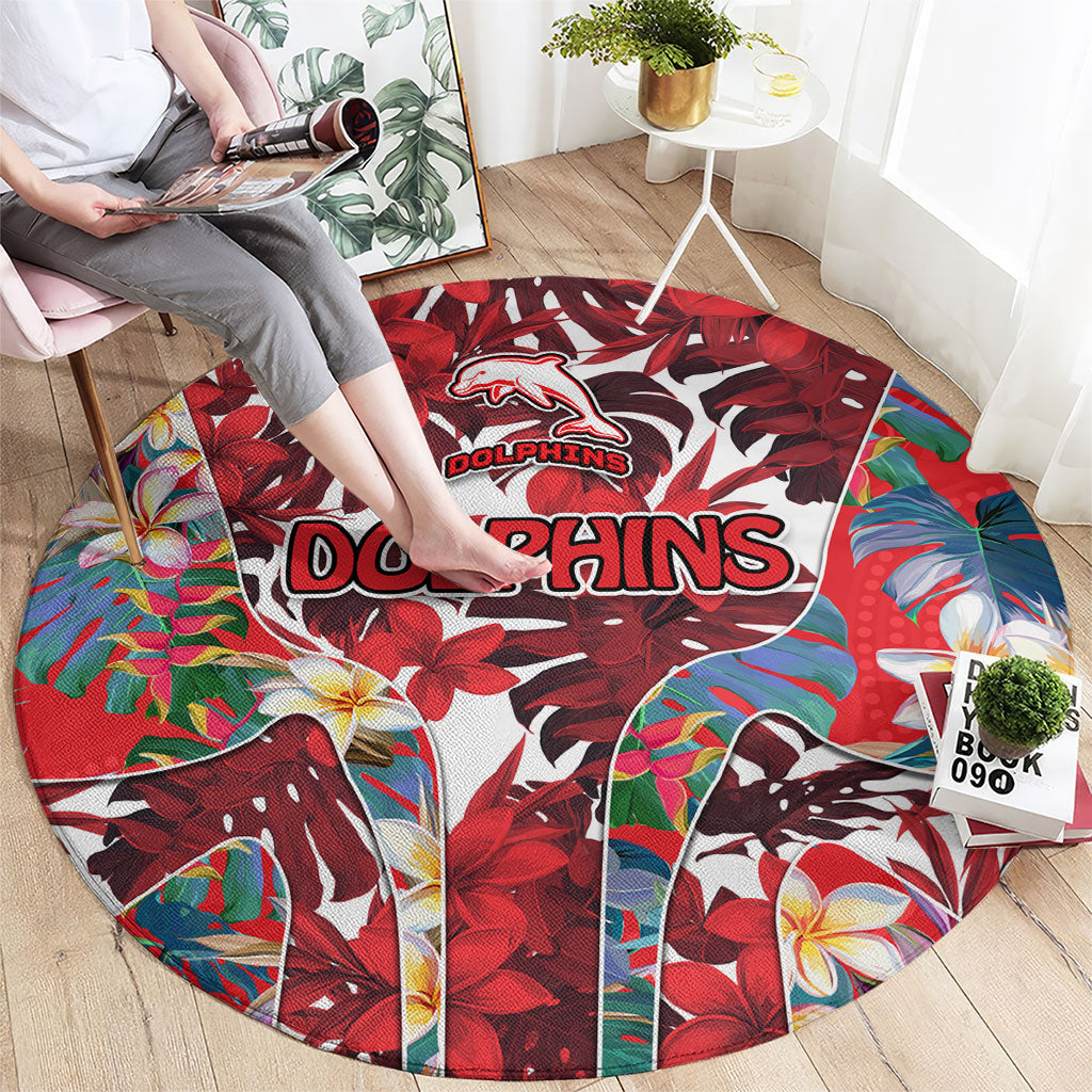 Dolphins Round Carpet Tropical Hibiscus Floral Pattern With Red And White Accents