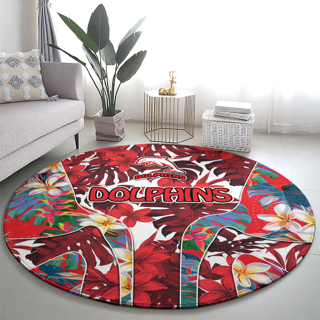 Dolphins Round Carpet Tropical Hibiscus Floral Pattern With Red And White Accents