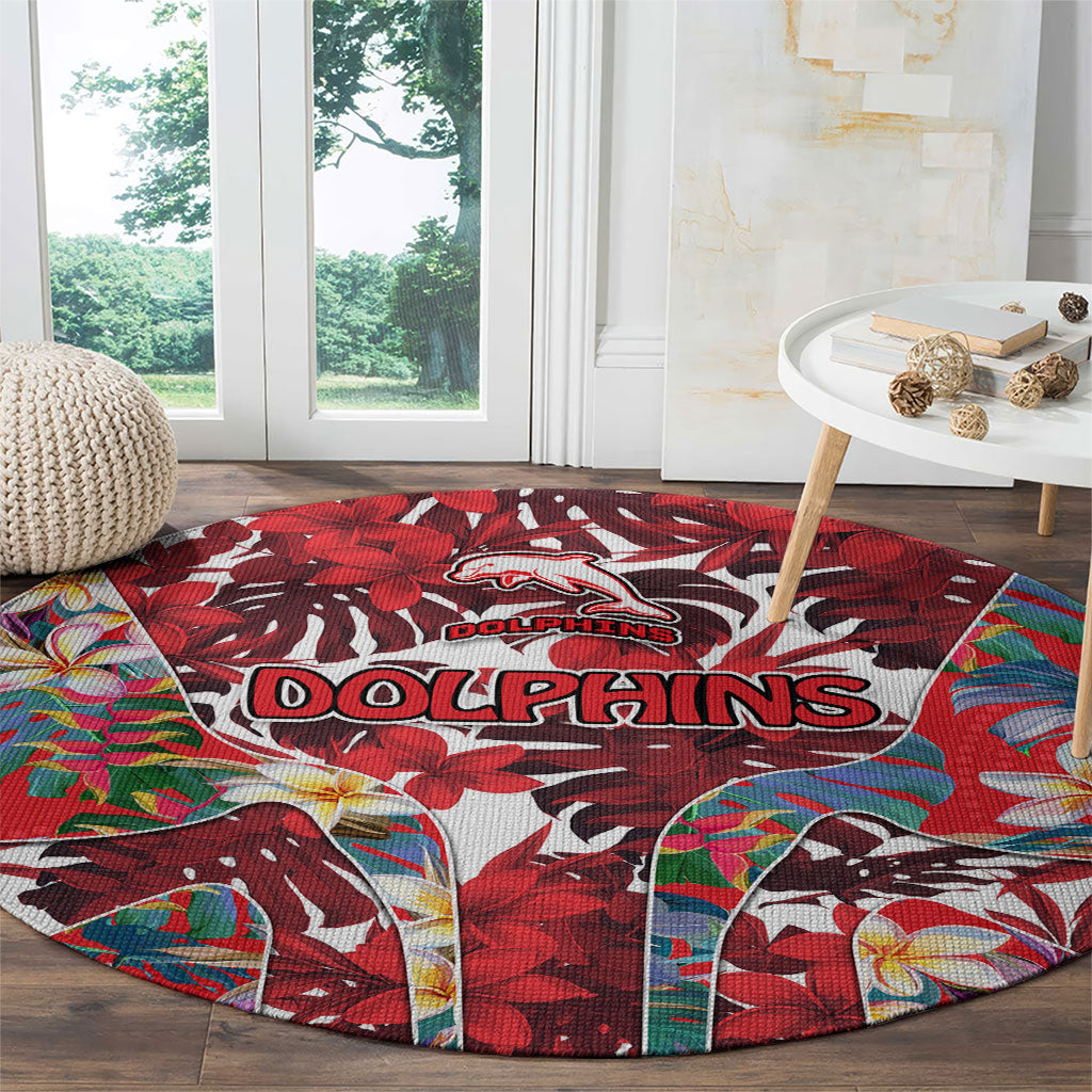 Dolphins Round Carpet Tropical Hibiscus Floral Pattern With Red And White Accents