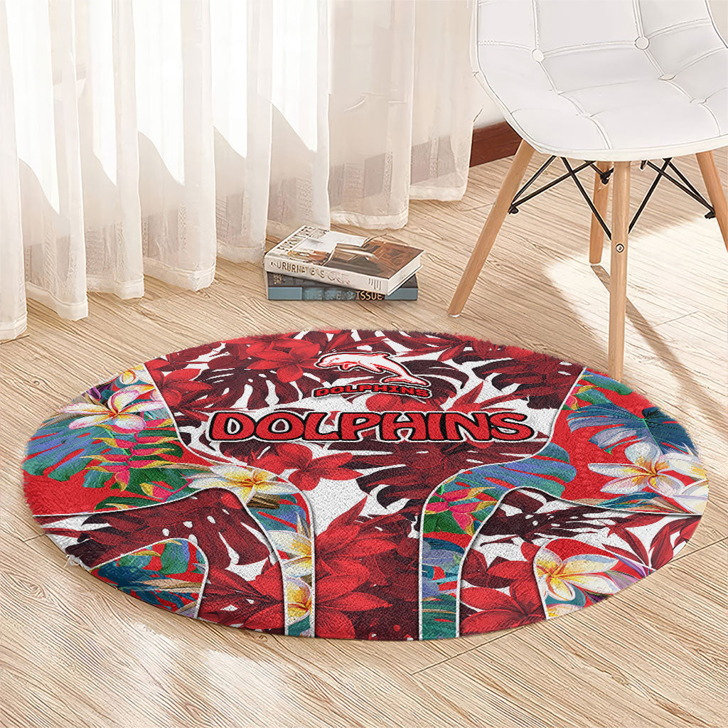 Dolphins Round Carpet Tropical Hibiscus Floral Pattern With Red And White Accents