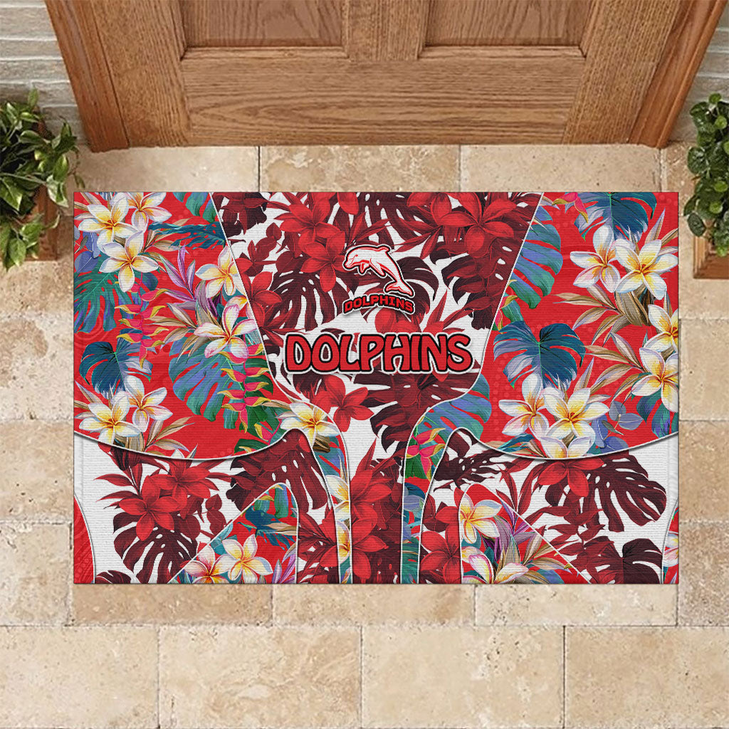 Dolphins Rubber Doormat Tropical Hibiscus Floral Pattern With Red And White Accents