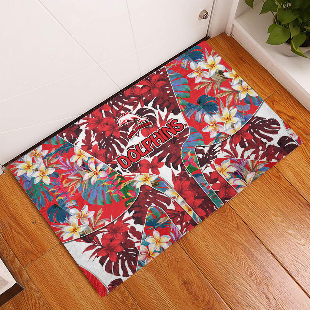 Dolphins Rubber Doormat Tropical Hibiscus Floral Pattern With Red And White Accents