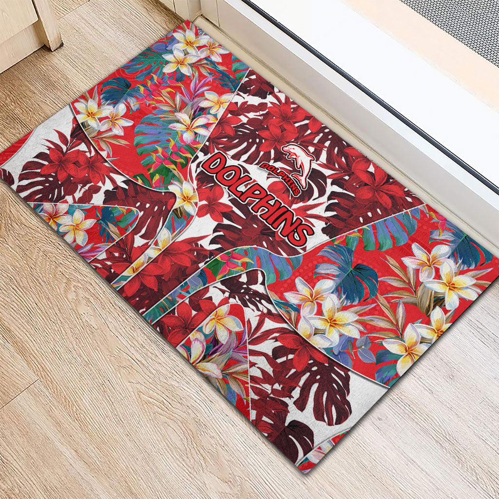 Dolphins Rubber Doormat Tropical Hibiscus Floral Pattern With Red And White Accents