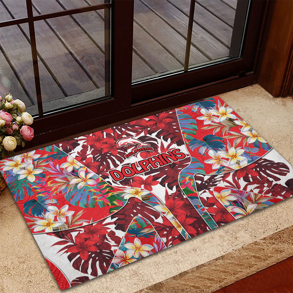 Dolphins Rubber Doormat Tropical Hibiscus Floral Pattern With Red And White Accents