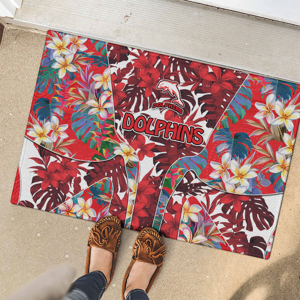 Dolphins Rubber Doormat Tropical Hibiscus Floral Pattern With Red And White Accents