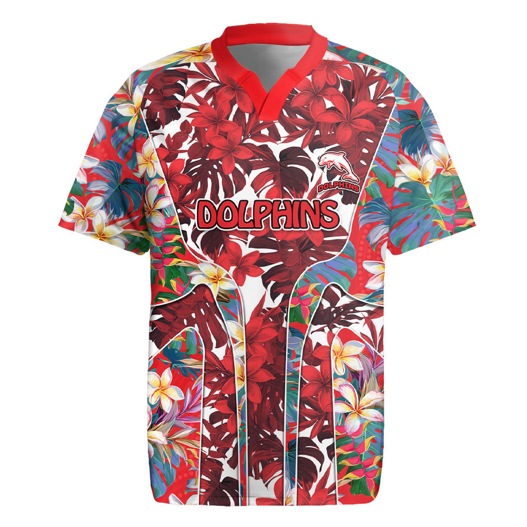 Dolphins Rugby Jersey Tropical Hibiscus Floral Pattern With Red And White Accents