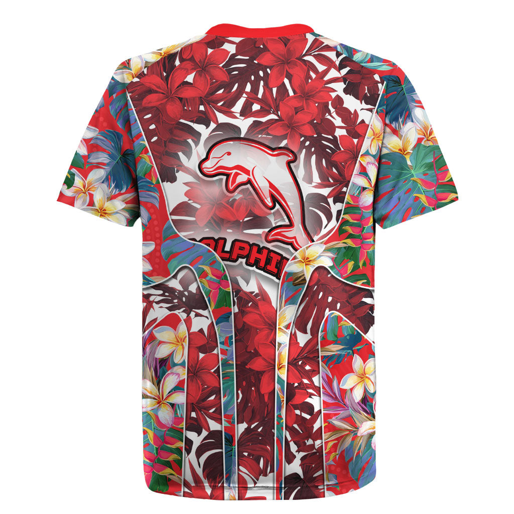 Dolphins Rugby Jersey Tropical Hibiscus Floral Pattern With Red And White Accents